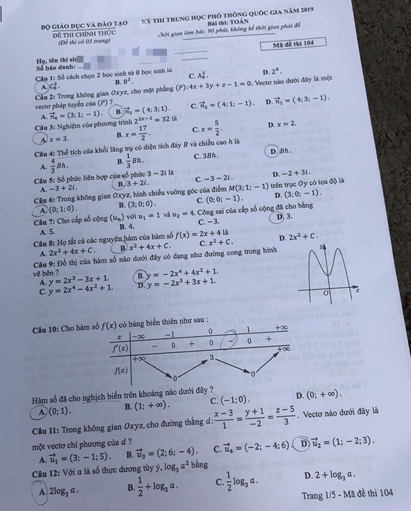 Cập nhật đáp án thi môn Toán THPT Quốc gia 2019 tất cả các mã đề - Ảnh 18.