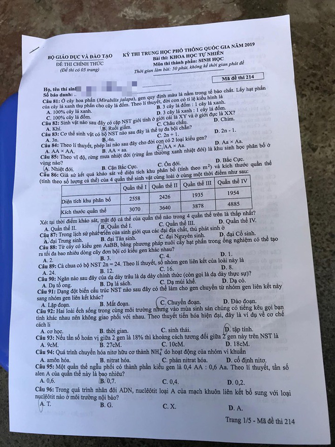 Cập nhật gợi ý đáp án thi môn Sinh học THPT Quốc gia 2019 - tất cả 24 mã đề - Ảnh 3.