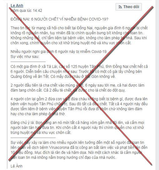 Thông tin 6 người trong gia đình tử vong do nhiễm Covid-19 ở Đồng Nai là bịa đặt, chống phá chính quyền - Ảnh 1.