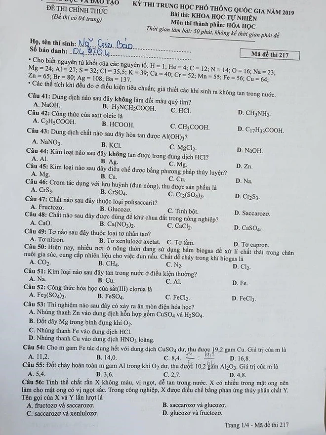 Cập nhật gợi ý đáp án thi môn Hóa học THPT Quốc gia 2019 tất cả các mã đề - Ảnh 6.