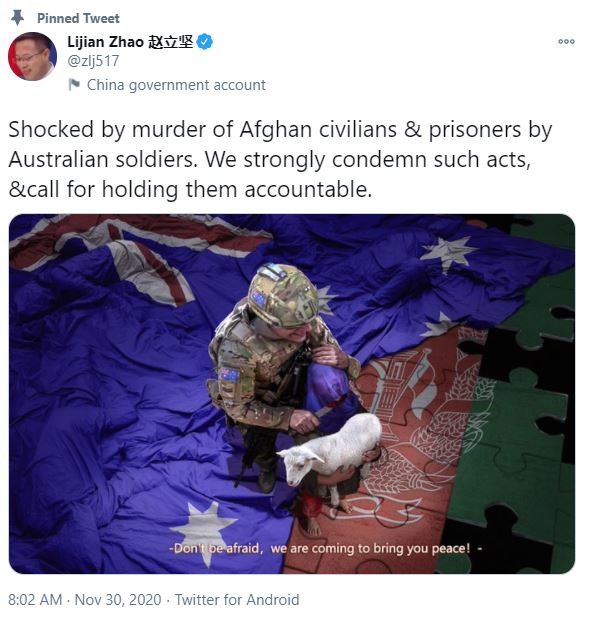Phát ngôn viên Trung Quốc đăng ảnh lính Úc cắt cổ trẻ em Afghanistan: Thủ tướng Úc đòi xin lỗi, gỡ bài - Ảnh 1.
