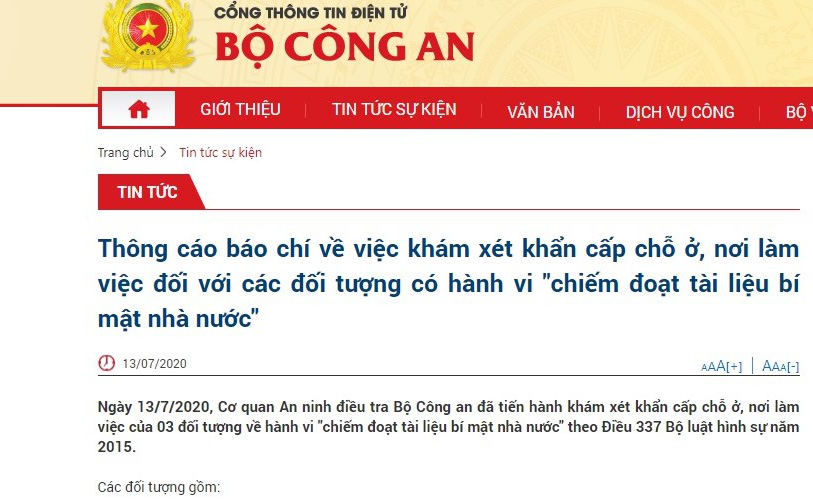 Cơ quan An ninh điều tra khám xét khẩn cấp với 3 đối tượng về hành vi chiếm đoạt tài liệu bí mật Nhà nước