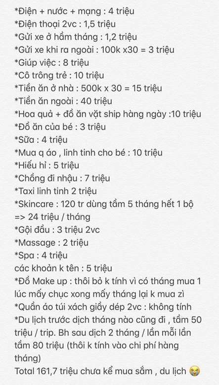 Người mẹ tâm sự hàng tháng chi tiêu gần 162 triệu, nhìn các khoản ai cũng toát mồ hôi - Ảnh 1.