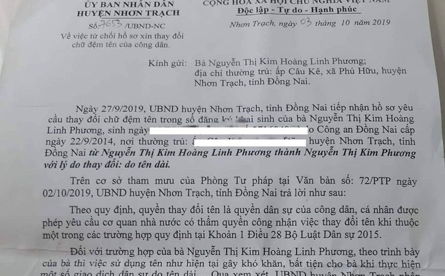 Người phụ nữ ở Đồng Nai xin thay đổi tên vì quá dài, huyện từ chối giải quyết là "cứng nhắc"