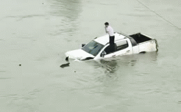 Clip: Chiếc bán tải trôi trên sông, tài xế trèo lên nóc xe khiến tất cả xôn xao