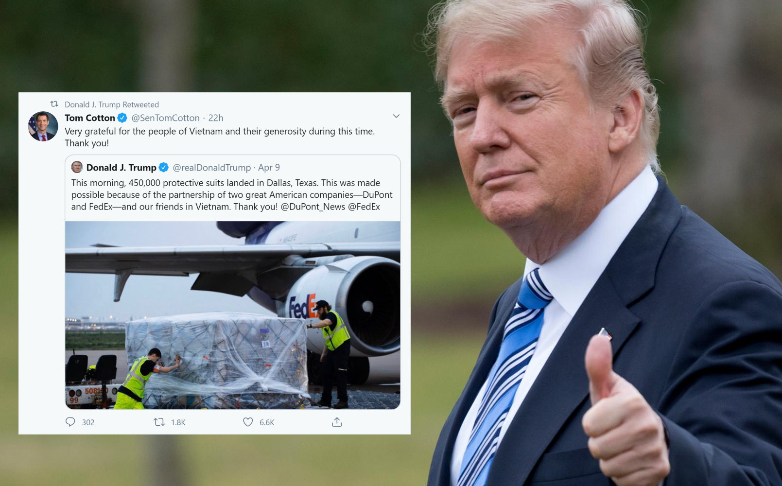Lô hàng 450.000 bộ đồ bảo hộ: TT Trump chia sẻ dòng tweet 