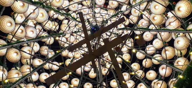 Cây thông Noel độc nhất xứ Nghệ cao hơn 21m, được kết từ 1000 nón lá cùng bóng đèn sáng rực - Ảnh 13.
